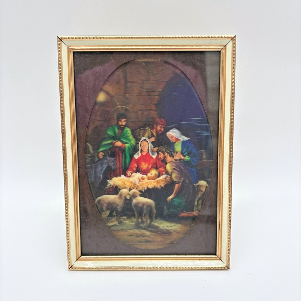 Vintage 3D Nativity Scene Art Gold Frame Religious Christmas Decor Holy Family